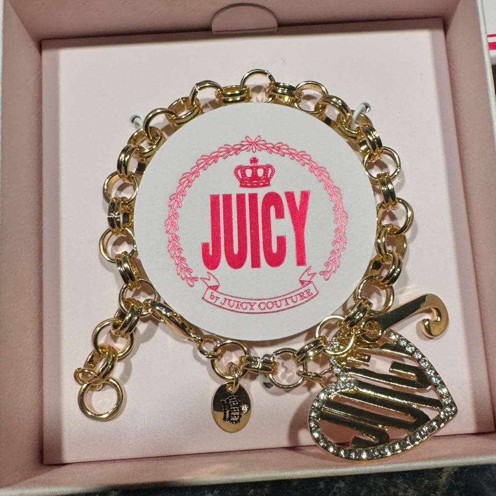 Juicy Couture Gold Bracelet with Striped Heart and Rhinestones